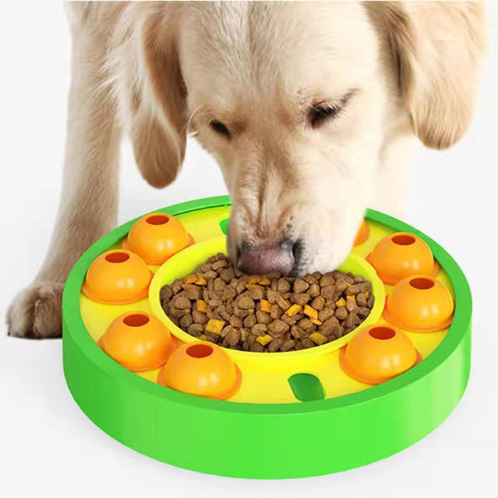 A dog puzzle feeder shown clean and ready for use