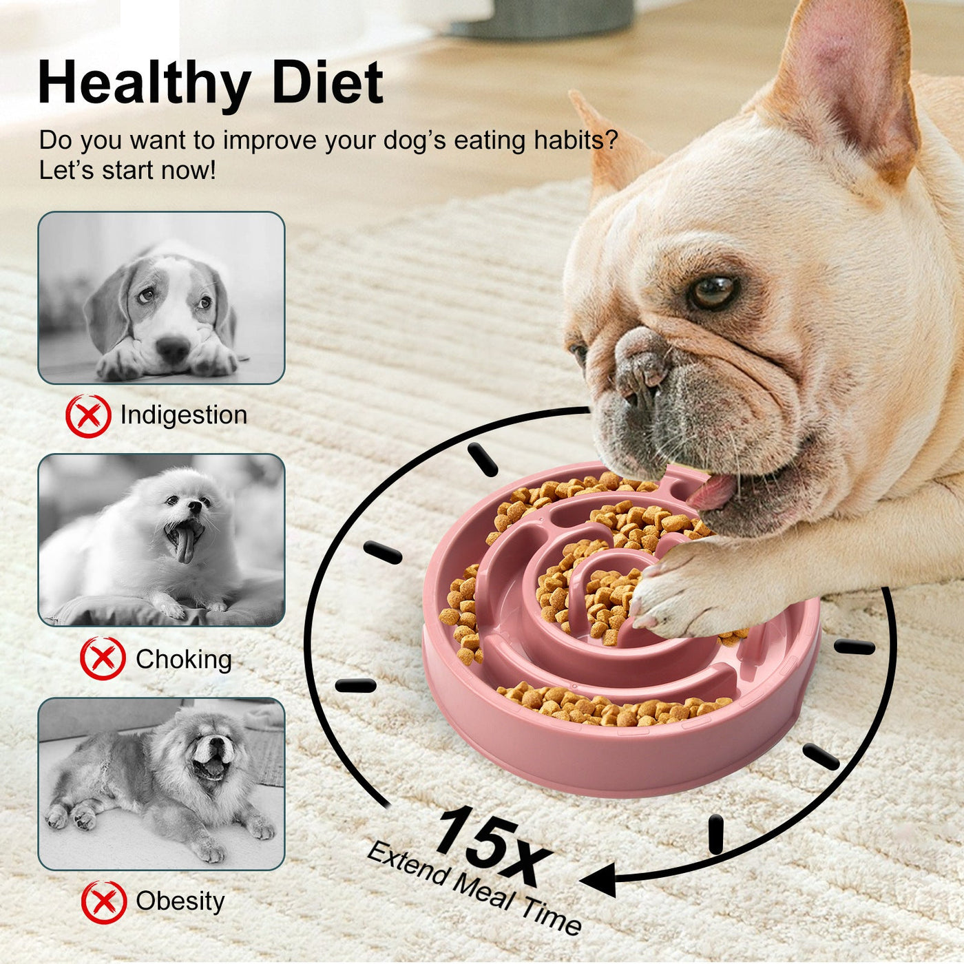 A ridged slow feeder dog bowl that spreads food to slow fast eating