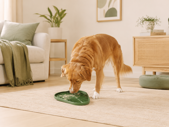 A dog engaged with an enrichment activity at home during the working day