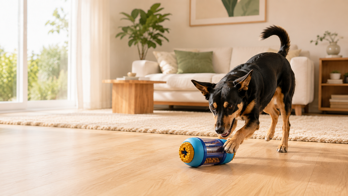 A dog playing with an enrichment feeder on timber flooring in a bright Australian living room