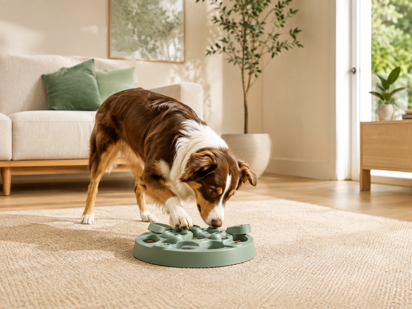 A dog settled with an enrichment activity in a compact indoor space