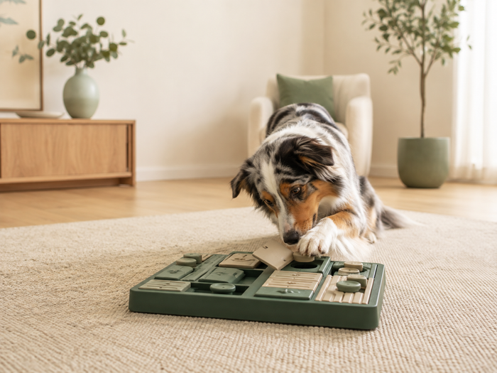 A dog at home with an enrichment activity in a calm indoor setting