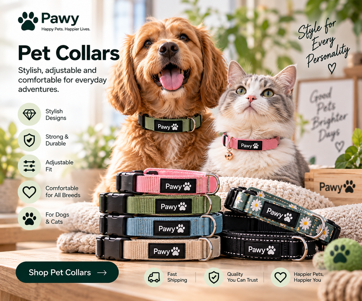 Dog and cat wearing colourful Pawy pet collars in different styles and materials