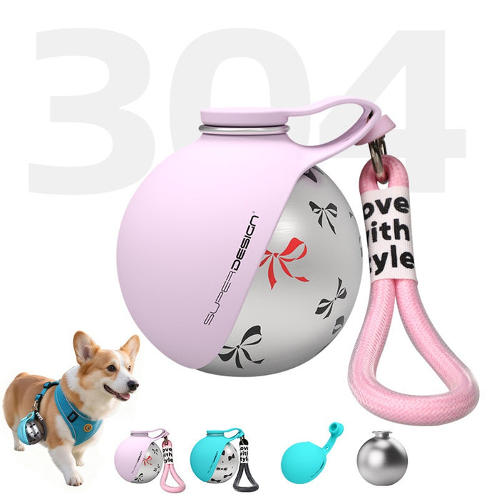Dog drinking from the Splash & Go portable water bottle's built-in bowl